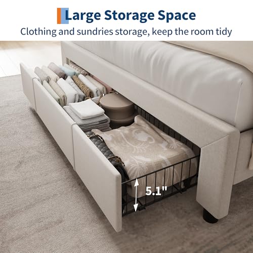 GarveeHome Upholstered Bed Frame with Storage Headboard and Charging Station, Platform Bed Frame with Drawers, Heavy Duty, No Box Spring Needed, Easy Assembly, Beige, Queen Size GarveeHome