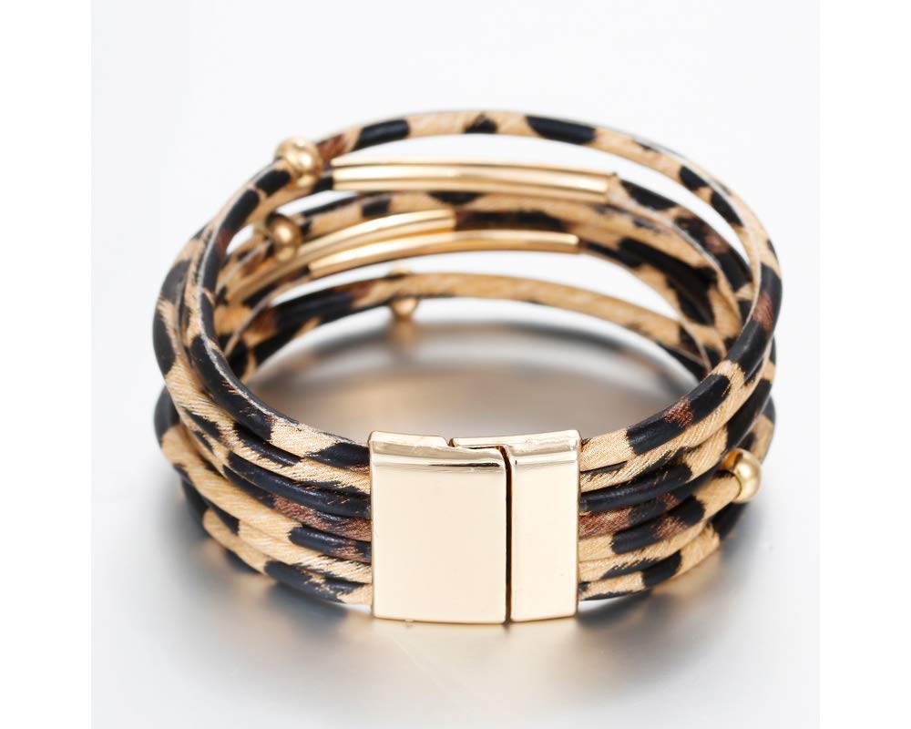 Fesciory Leather Wrap Bracelets for Women, Boho Leopard Multi-Layer Crystal Beads Cuff Bracelet Jewelry (Brown Leopard) Fesciory