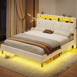BTHFST Full Size Bed Frame with Headboard Storage & LED Lights, Platform Bed Frame Full Size with Charging Station, Velvet Upholstered Bed with Shelf Headboard, No Box Spring Needed, Creamy White BTHFST