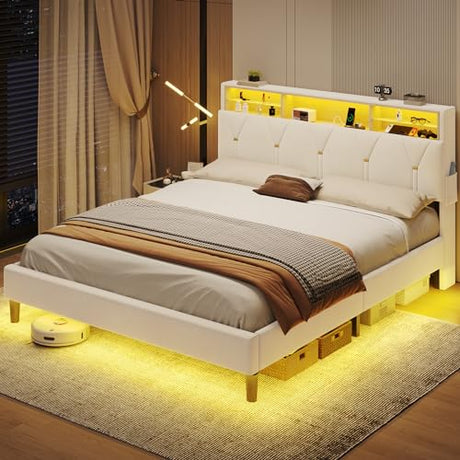 BTHFST Full Size Bed Frame with Headboard Storage & LED Lights, Platform Bed Frame Full Size with Charging Station, Velvet Upholstered Bed with Shelf Headboard, No Box Spring Needed, Creamy White BTHFST