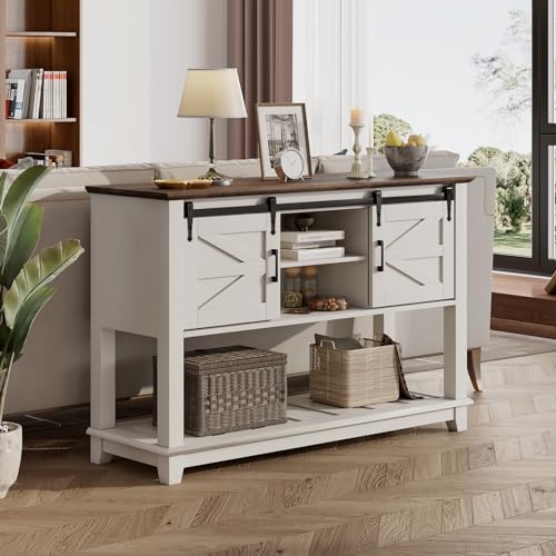LUXOAK Farmhouse Entryway Table with Sliding Barn Doors, 46" Sofa Table for Living Room, Console Table with Storage Hallway Entrance Table, Antique White LUXOAK
