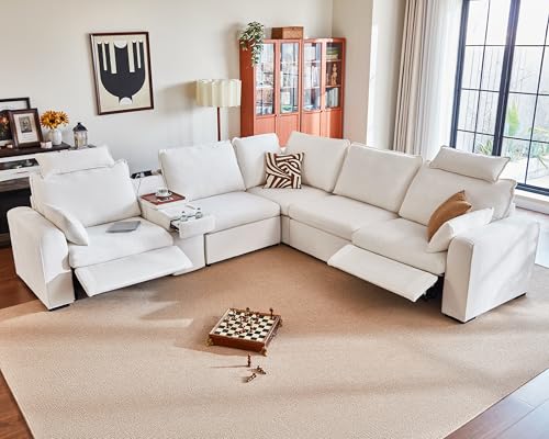 Bedeep Oversized Modular Sectional Sofa with Double Power Recliner, Cloud Reclining Couch with Headrest, Storage Drawer Charging Cup Holders, Deep L-Shaped 6 Seater with Corner, Chenille, White