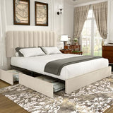 VECELO King Size Upholstered Bed Frame with 4 Drawers and Headboard, Velvet Platform Storage Bedframe, Wooden Slats Support, No Box Spring Needed,Bone Beige VECELO