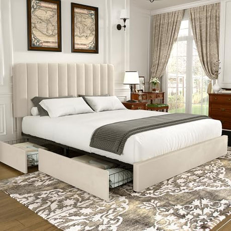 VECELO King Size Upholstered Bed Frame with 4 Drawers and Headboard, Velvet Platform Storage Bedframe, Wooden Slats Support, No Box Spring Needed,Bone Beige VECELO