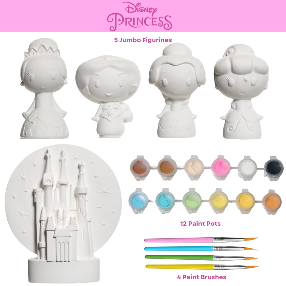 Disney Princess DIY Paint Your Own Figurines Arts and Crafts Set for Girls, Jumbo Figurines, Paint, Paint Brush, Glitter, and Gem Adhesives, Cinderella, Belle, Tiana, Jasmine, and Princess Castle Innovative Designs