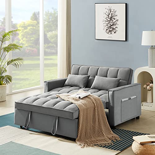 Antetek 3 in 1 Convertible Sleeper Sofa Bed, Modern Velvet Loveseat Futon Couch w/Pullout Bed, Small Love Seat Lounge Sofa w/Reclining Backrest, Toss Pillows, Pockets, Furniture for Living Ro - WoodArtSupply