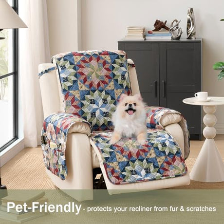 Chindar Patchwork Printed Recliner Chair Covers, Soft Quilted Lazy Boy Chair Covers, Pet Friendly Recliner Cover for Sofa Couches, Washable Armchair Slipcovers Covers (Recliner 22", Patchwork Red) Chindar