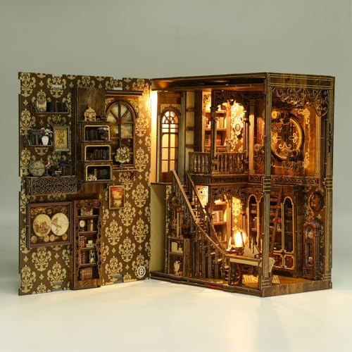 THRIVINGIVAN Book Nook Kit for Adult Miniature Model Build Dollhouse Kit 3D Wooden Puzzle with Sensor Led Light for Bookshelf Bookend Decor Adults Teen Craft(Classical Book Collection Room), 1Pack