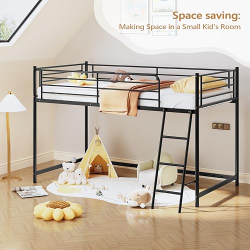 JOYMOR Low Loft Bed with Inclined Ladder, Metal Twin Size Bed Frame with 15” High Guardrail for Boys Girls, Junior, Space Saving, Mattress Not Included (Black) JOYMOR