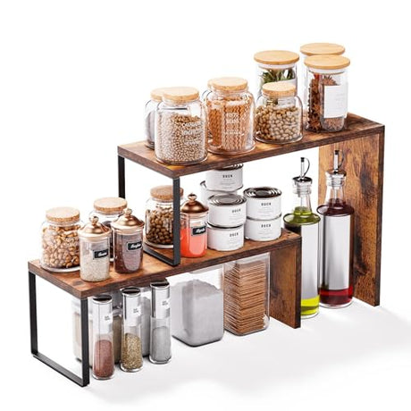Vfelf Kitchen Countertop Organizer, Spice Rack Cabinet Organizer Shelf Stackable Counter Corner Shelves Organization and Storage for Pantry, Counter top, Coffee Station Wood Rustic Brown Vfelf