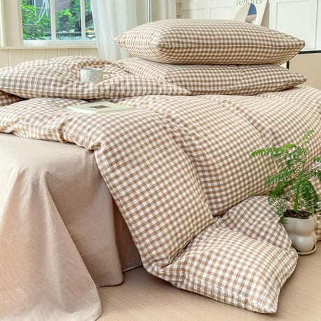 LifeTB Tan Gingham Comforter Set Twin XL Modern Style Beige Plaid Comforter Set 3 Pieces Soft Fluffy Grid Checkered Pattern Comforter with 2 Pillowcases Farmhouse Gingham Bedding Set Twin XL LifeTB