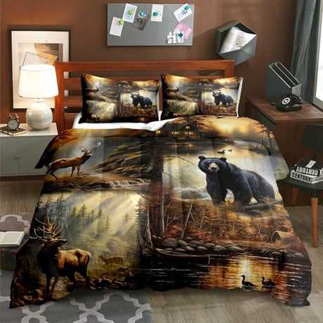 LUVIVIHOME 3PCS Black Bear Deer Comforter Set King Size, Elk Moose Mallard Duck Woodland Forest Animal Wildlife Hunting Camo Hunter Country Lodge Rustic Farmhouse Cabin Bedding Sets, 2 Pillow Shams LUVIVIHOME