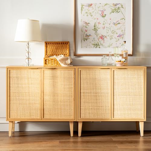 EYYTHUNG Accent Storage Cabinet Set of 2 Sideboard with Rattan Doors, Boho Buffet Kitchen Bar Cabinet Farmhouse Credenza Cabinet with Adjustable Shelves for Living Room (Natural Oak) - WoodArtSupply