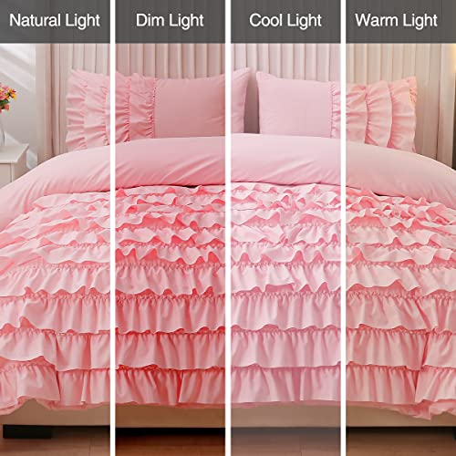 Holawakaka Pink Waterfall Ruffle Comforter Set Twin Size Multi-Layers Ruffled Shabby Chic 3PCS Bedding Set for Girls Women Holawakaka