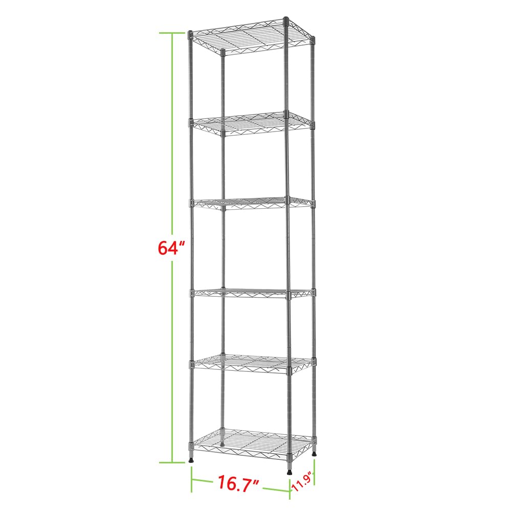 REGILLER 6 Wire Shelving Steel Storage Rack Adjustable Unit Shelves for Laundry Bathroom Kitchen Pantry Closet (16.7L x 11.9W x 64H, Silver) REGILLER