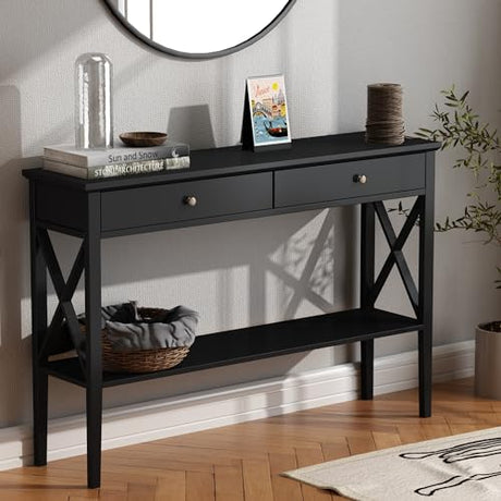 ChooChoo 47" Console Table with Drawers, Narrow Wood Accent Sofa Table Entryway Table with Storage Shelf for Entryway, Front Hall, Hallway, Living Room, Black ChooChoo