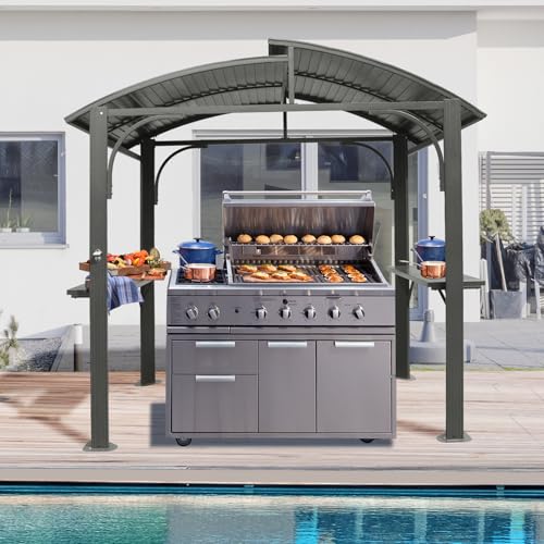 Domi Hardtop Grill Gazebo 8x5FT, Outdoor BBQ Gazebo with Galvanized Steel Double Roof, Permanent Sun Shade Grill Canopy Shelter with 2 Side Shelves and Ceiling Hook for Patio Yard Garden (Grey) domi outdoor living