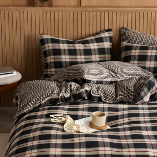 EAVD Vintage Red&Black Plaid Duvet Cover Queen Soft 100% Muslin Cotton Retro Grid Checkered Bedding Set with 2 Pillowcases Reversible Gingham Duvet Cover with Zipper Closure EAVD