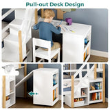 Wooden Full Over Full Bunk Bed with Trundle, Storage Stairs & Convertible Fold-Out Desk, Durable Solid Wood Frame, No Box Spring Required, Ideal for Kids, Teens & Adults (White + Natural Wood, Full) smilesun