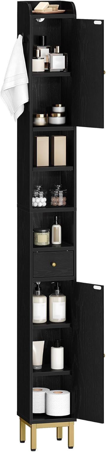 Hzuaneri Bathroom Cabinet with Adjustable Shelves, Freestanding Floor Cabinet, Tall Black Bathroom Storage Cabinet, Narrow Toilet Paper Storage, 7.9"D x 7.9"W x 70.9"H Hzuaneri