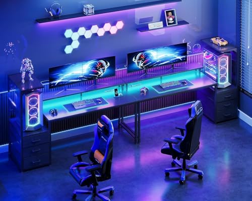 Casaottima 59 Inch Gaming Desk with USB Charging Ports & LED Light - Reversible Computer Desk with 3 Fabric Drawers, Monitor Stand, CPU Stand, and Side Hook, Modern Office Desk, Pure Black Casaottima