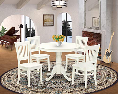 East West Furniture ANVA5-LWH-W 5 Piece Kitchen Table Set for 4 Includes a Round Dining Room Table with Pedestal and 4 Solid Wood Seat Chairs, 36x36 Inch, Linen White - WoodArtSupply