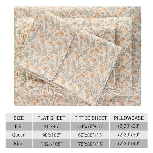 Viviland Floral King Sheet Set - 4 Piece Vintage Light Orange Flower Patterned Bed Sheets - Soft, Breathable Microfiber Sheets with Deep Pocket, Non-Slip Fitted Sheets & Pillowcases Viviland