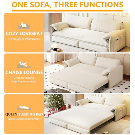 UPYOOE 63.8" Futon Sofa Bed Queen Size, Pull Out Bed, 3-in-1 Convertible Sleeper Sofa with Side Pocket, Modern Velvet Futon Couch for Living Room, Small Space, Apartment, Bedroom, Beige UPYOOE