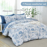 Blue Comforter Set King 7 Piece Bed in a Bag Toile de Jouy Botanical Comforter with Sheet Set Soft Micorfiber Bedding Set (1 Comforter,2 Pillow Shams,1 Flat Sheet,1 Fitted Sheet,2 Pillowcases) Xruibed