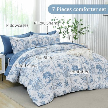Blue Comforter Set King 7 Piece Bed in a Bag Toile de Jouy Botanical Comforter with Sheet Set Soft Micorfiber Bedding Set (1 Comforter,2 Pillow Shams,1 Flat Sheet,1 Fitted Sheet,2 Pillowcases) Xruibed