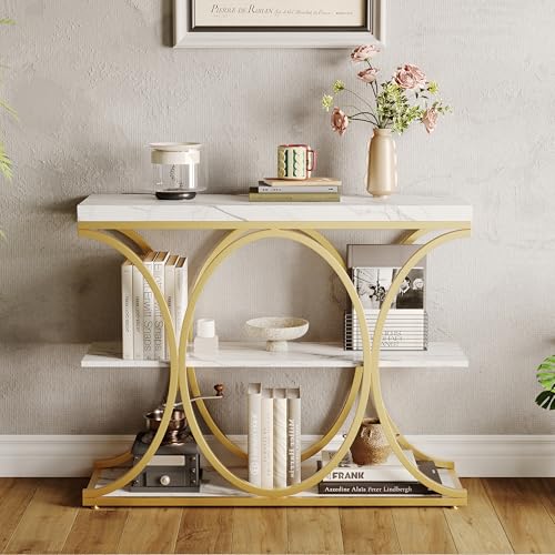 Garvee 39" Narrow Console Tables for Entryway, Industrial 3-Tier Sofa Table with Round Metal Base and Storage Shelves for Living Room, Hallway, Foyer, Gold and White Marble Garvee
