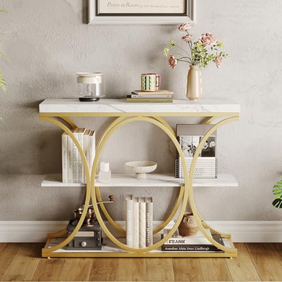 Garvee 39" Narrow Console Tables for Entryway, Industrial 3-Tier Sofa Table with Round Metal Base and Storage Shelves for Living Room, Hallway, Foyer, Gold and White Marble