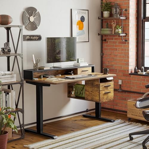 FEZIBO Whole-Piece Electric Standing Desk Adjustable Height with 3 Drawers, 48 x 24 inches Stand up Desk with Monitor Shelf, Sit Stand Rising Desk with Open Storage, Rustic Brown (2 Packages) - WoodArtSupply