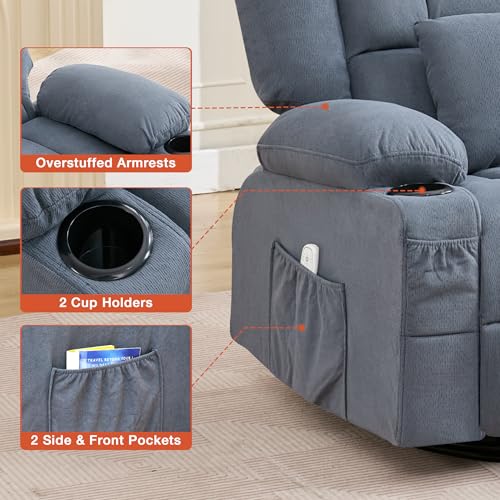 Rocker Recliner Chair with Heating and Kneading Massage for Adults,360°Swivel Rocker Recliner with Cup Holder and USB Charge Port for Living Room,Bedroom, Nursery