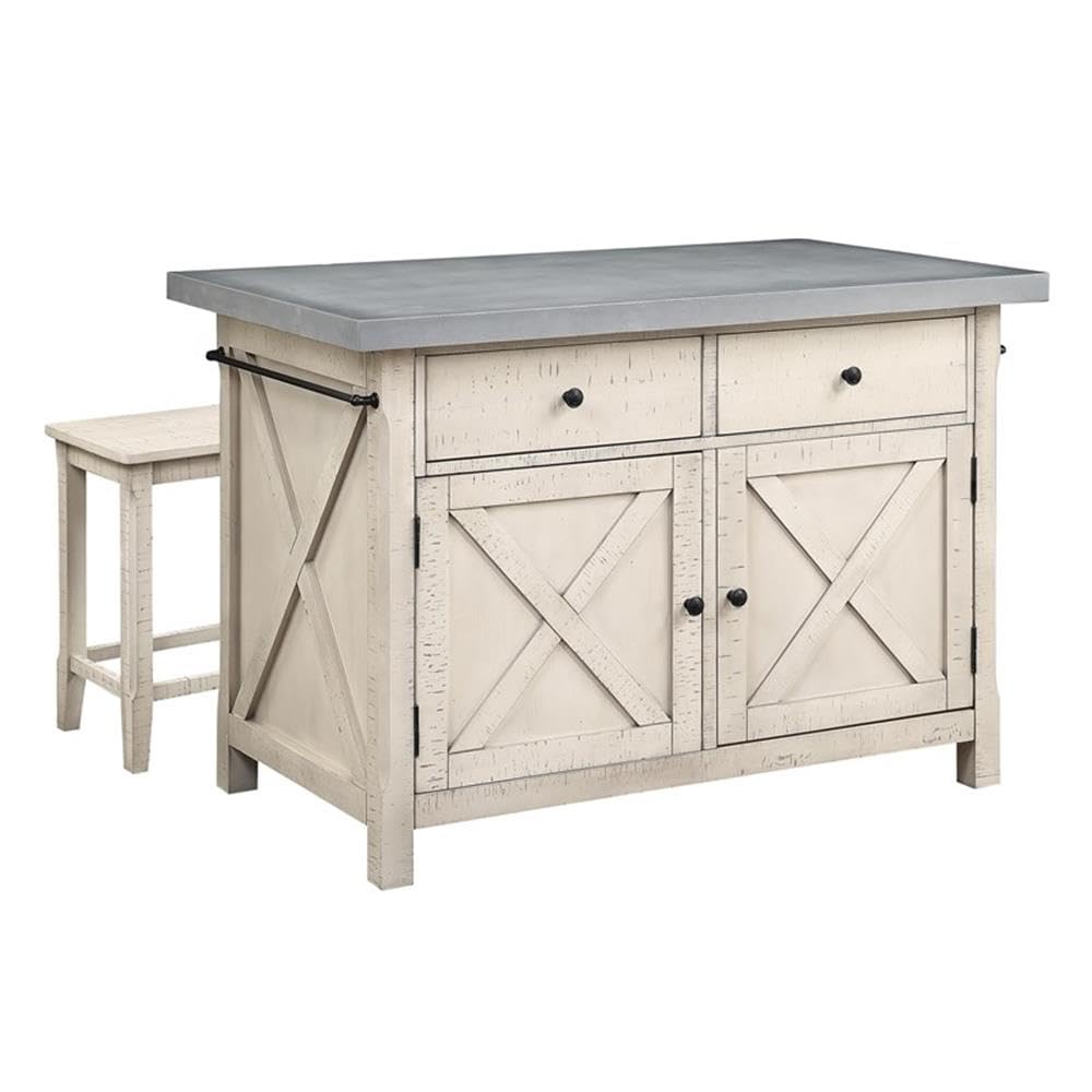 OSP Home Furnishings Nashville Kitchen Island with 2 Matching Stools, Cement Grey Top OSP Home Furnishings