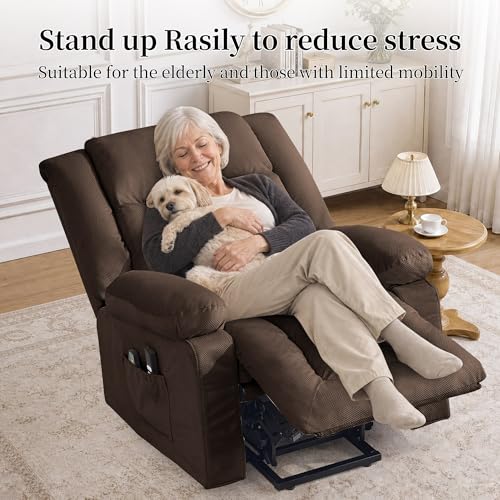 Korser Power Lift Recliner Chair for Elderly with Massage and Heat, Oversized Electric Recliner with Side Pockets, Living Room, Waffle, Brown