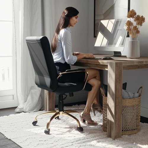 Flash Furniture Whitney Mid-Back Swivel LeatherSoft Desk Chair with Wheels, Padded Seat and Armrests, Adjustable Height Padded Office Chair, Black Flash Furniture