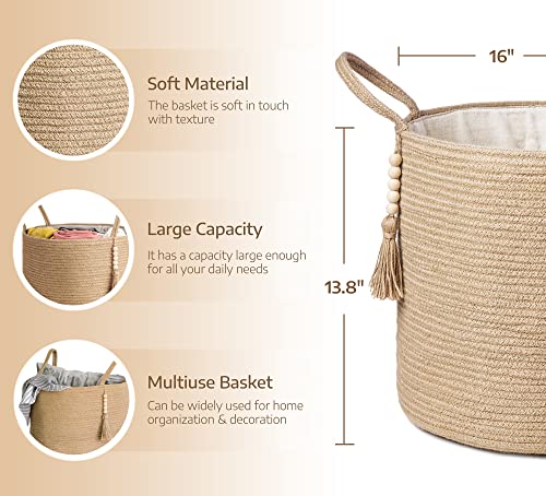Mkono Woven Storage Basket Decorative Natural Rope Basket Wooden Bead Decoration for Blankets,Toys,Clothes,Shoes,Plant Organizer Bin with Handles Living Room Home Decor, Jute, 16" W × 13.8"L Mkono