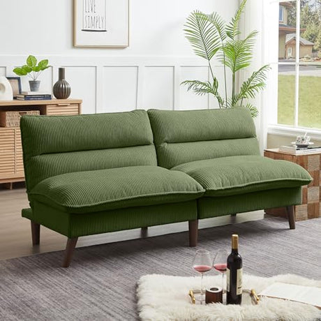 Portaforta 72" Convertible Futon Sofa Bed, Loveseat Sofa, Corduroy Folding Futon Set with Adjustable Backrest &Armrests, Recliner Lounge for Living Room, Apartment or Office, Solid Wood Frame, Green Portaforta