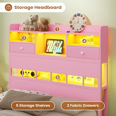 BTHFST Twin Bed Frame with Storage Headboard & Charging Station, LED Bed Frame Twin with 5 Shelves & Under Bed Storage, Platform Bed Frames for Kids, No Box Spring Needed, Pink BTHFST