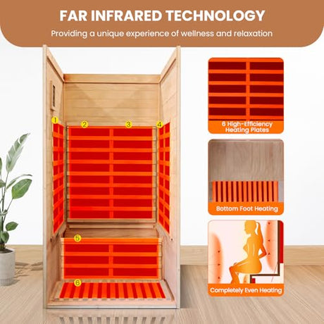 Sauna, Far Infrared Saunas for Home Room 1550W/110V Indoor Sauna for Single Person Okoume Wood Sauna Spacious 1 - 2 Person Low EMF Dry Sauna with Speakers/Air Hole and Color Lighting 39.4*35.4*74.8 IN HOSAUNA