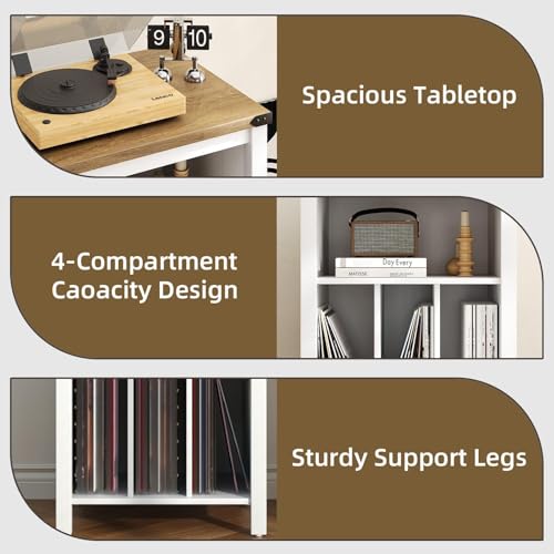4 EVER WINNER Record Player Stand with Vinyl Storage, Record Stand with 3 Divider Open Shelf Holder Up to 160 Albums Cube Storage, Record Shelf with Outlet Hole for Album CD & Living Room, White 4 EVER WINNER