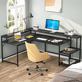 Tribesigns 69 Inch L Shaped Desk with Monitor Stand, Large Reversible Corner Desk with Storage Shelf, Industrial Computer Table Writing Desk for Home Office, Black Tribesigns