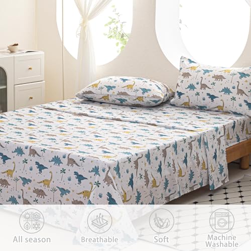 Vinogusto Full Size Bed Sheets for Boys Kids - 4-Piece Jurassic Dinosaur Bedding Set, Breathable Light Grey Dino 3D Fitted Sheets with 14" Deep Pocket, Ultra-Soft Lightweight Bedroom Essentials Vinogusto
