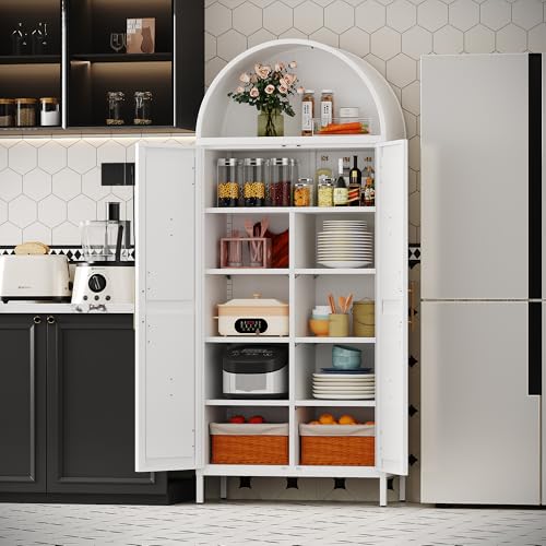 GangMei Metal 72" H Arched Pantry Cabinet with 6 Adjustable Shelves,White Arched Cabinet with 2 Doors for Kitchen Living Room,Required Assembly GangMei