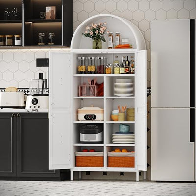 GangMei Metal 72" H Arched Pantry Cabinet with 6 Adjustable Shelves,White Arched Cabinet with 2 Doors for Kitchen Living Room,Required Assembly
