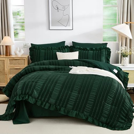 WONGS BEDDING Emerald Green Comforter Set King Size,7 Pieces Ruffle Comforter Set with Sheets,Boho Farmhouse Textured Bed in a Bag 104"×90" WONGS BEDDING