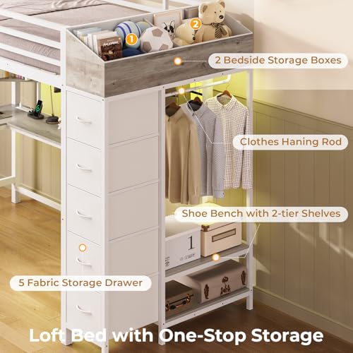 Loft Bed with L-Shaped Desk, LED Lights, Charging Station, Metal Loft Bed Frame with 5 Storage Drawers and Hall Tree, Twin Size Bed for Kids with Ladder and Safety Guard, No Box Spring Needed, White MSmask