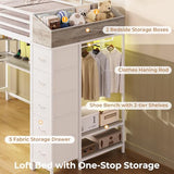 Loft Bed with L-Shaped Desk, LED Lights, Charging Station, Metal Loft Bed Frame with 5 Storage Drawers and Hall Tree, Twin Size Bed for Kids with Ladder and Safety Guard, No Box Spring Needed, White MSmask