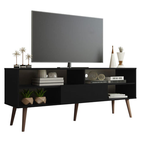 Madesa Modern TV Stand with 1 Door and 4 Shelves with Cable Management for 55, 65 Inch Media Storage Media Console Living Room and Bedroom Entertainment Center Wooden Television Cabinet - Black Madesa